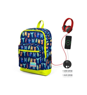 Coral High Kids Dört Bölmeli Lacivert Fosil Sarı İlkokul Çantası USB Şarjlı Kulaklık Çıkışlı 23826