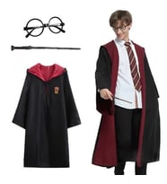 Harry Potter Gryffindor Kapişonlu Çocuk Kostüm + Asa + Gözlük Seti 11-12 Yaş