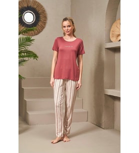 Pjs 25135 Kadın Yuvarlak Yaka İnci Taş Baskılı Çizgili Pijama Takım