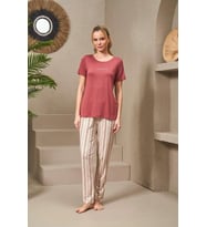 Pjs 25135 Kadın Yuvarlak Yaka İnci Taş Baskılı Çizgili Pijama Takım