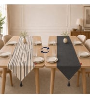 Çift Taraflı Kullanım 45 x 150 cm, Desenli ve Düz İki Yüzlü Runner, Püsküllü Dekoratif Masa Örtüsü (Gri Lacivert Krem Çizgili desenli)