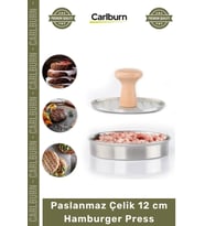 Özel Üretim Paslanmaz Çelik Gövde Ahşap Saplı Izgara Desenli Köfte Şekillendirici 12 cm Hamburger Pr