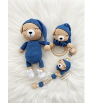 Sarı Yumak El Yapımı Organik Amigurumi Ayıcık Seti3 - Bej & Mavi- Yenidoğan Hediye 3 parça