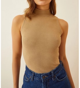 Kadın Full Likralı Fitilli Kaşkorse Body - Camel