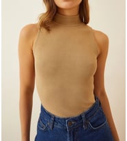 Kadın Full Likralı Fitilli Kaşkorse Body - Camel