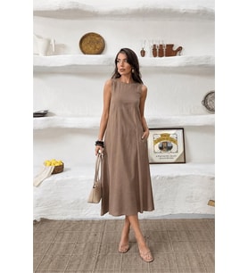 Neşeli butik kadın camel cep detaylı kolsuz oversize yazlık elbise NBNP038