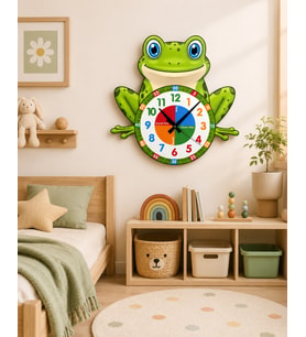 Sevimli Küçük Kurbağa Montessori Çocuk Odası Eğitici Ahşap Duvar Saati - Sessiz Mekanizma, Şık