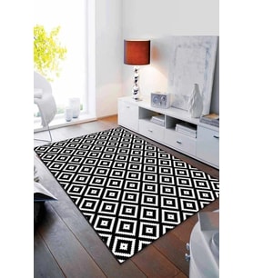 Siyah Beyaz Karo Desen Kaymaz Tabanlı Dekoratif Halı RV181 - 100 x 160 cm