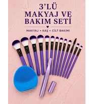 3’lü Makyaj ve Cilt Bakım Seti 12 Parça Makyaj Fırçası Kaş Alma Düzeltme ve Silikon Yüz Temizleme Ci