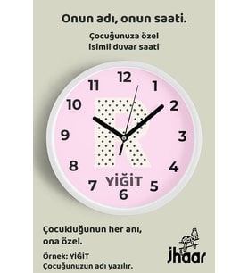 İsme Özel R Harfli Pembe Çocuk Odası Duvar Saati Orta Boy 30 cm Beyaz Camlı Sessiz