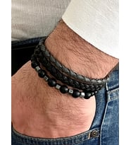 Siyah Renk %100 Deri&Onix Taş 3lü Kombin Erkek Bileklik Set 21 cm (Türk El Üretimi)