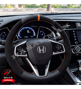Honda Civic FC5 Dikme Direksiyon Kılıfı Alcantara Süet Mat Karbon Taba Yüzük ve Dikiş 2016-2021