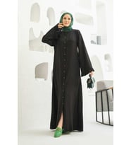 6587-Denim Düğmeli Kolları Fırfırlı Ferace Siyah