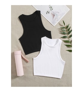 2 Li Paket Bisiklet Yaka Siyah Beyaz Renk Fitilli Kolsuz Fit Crop Top Bluz
