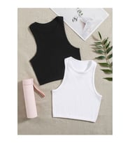 2 Li Paket Bisiklet Yaka Siyah Beyaz Renk Fitilli Kolsuz Fit Crop Top Bluz