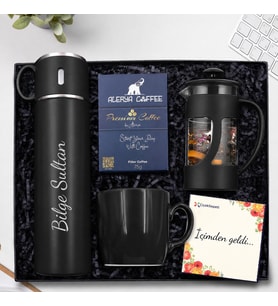 Kişiye Özel Bardaklı 580 ML Kırmızı Çelik Termos & Kırmızı French Press & Kırmızı Kupa & Alerya Premium Filtre Kahve Hediye Seti
