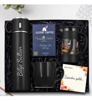 Kişiye Özel Bardaklı 580 ML Kırmızı Çelik Termos & Kırmızı French Press & Kırmızı Kupa & Alerya Premium Filtre Kahve Hediye Seti