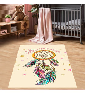 Dream Catcher Rüya Kapanı Desenli Dijital Baskılı Kaymaz Taban Yıkanabilir Etnik Çocuk Odası Halısı (Bej)