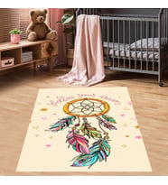 Dream Catcher Rüya Kapanı Desenli Dijital Baskılı Kaymaz Taban Yıkanabilir Etnik Çocuk Odası Halısı (Bej)