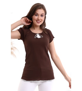 22484874 Krinkle Etek Ucu Ponpon Madonna Yaka Kısa Kol Bluz KAHVE