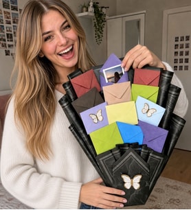 Advent Calendar 12'li Fotoğraf Kelebek Buketi – Fotoğraflı Renkli Zarf Buketi, Kıza Sevgiliye Arkadaşa Hediye Çiçek Buketi