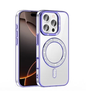 iPhone 16 Pro Kılıf Pırlanta Taş Tasarımlı M-safe Şarj Özellikli Karetta Silikon Kapak (Mor)