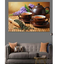 Çay Keyfi Ve Mor Çiçek Dekoratif Kanvas - Mdf Ahşap Tablo