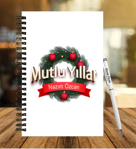 Yılbaşı İçin Kişiye Özel  Ahşap Defter Kalem Hediye Seti