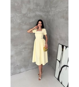 Neşeli butik kadın sarı kare yaka taş detaylı etek drapeli midi boy elbise ---- NBK4621