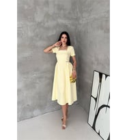 Neşeli butik kadın sarı kare yaka taş detaylı etek drapeli midi boy elbise ---- NBK4621