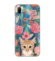 Huawei P20 Lite Uyumlu Kedi ve Çiçek Desenli Şeffaf Telefon Kılıfı