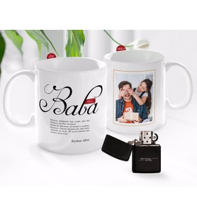 BK Gift Kişiye Özel Babalar Günü Hediyesi Fotoğraflı Kupa Bardak ve Benzinli Çakmak Seti-4 (Model 1)