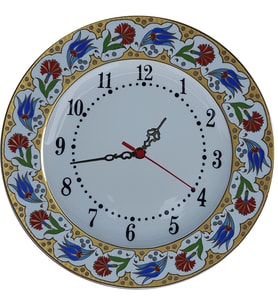 Armada Çini PRT 66 25 Cm Kırmızı Sarı Yaldızlı Lale karanfil Desenli Porselen Çini saat