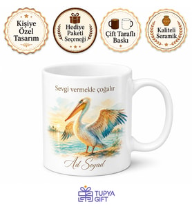Pelikan Temalı Baskılı Kupa Bardak Özel Tasarım Hediye Porselen Mug