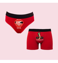 Kutulu Tatlı Dil Yılanı Deliğinden Çıkarır Tasarımlı Kadın Külot ve Erkek Boxer İkili Set (Kırmızı)