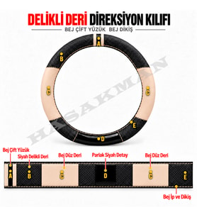 Nissan Micra K14 Dikme Direksiyon Kılıfı Delikli Deri Parlak Siyah Bej Detay Çift Yüzük ve Dikiş 2017-2023