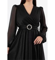 Neşeli butik kadın kemer ve vatka detaylı simli midi elbise RYMY3590 (Siyah)