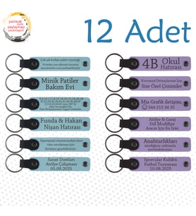 Gök Mavi & Mor Menekşe, 12'li Set, Kişiye Özel Yazılı Anahtarlık, Tüm Aile Bireylerine Özel Hediye