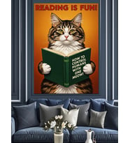 Okuyan Kedi Mizahi Sahne Dekoratif Kanvas - Mdf Ahşap Tablo