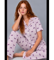 Night Mor Kadın Çizgili Fiyonk Desenli Kısa Kollu Pijama Takımı 4811