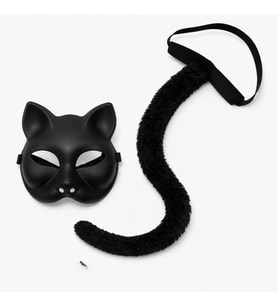 Siyah Kedi Maskesi ve Peluş Kuyruk Kostüm Seti 70 cm