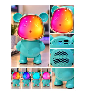 Renk Değiştiren Işıklı Animasyon Ayıcık Bluetooth USB Hoparlör Kablosuz Robot Gece Masa Lambası MAVİ