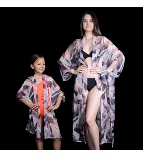 PAREDORA Eflatun Fırça Desenli Anne Kız Kimono Pareo