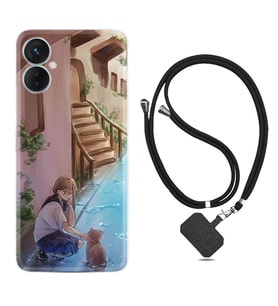 Tecno Spark 9T Kılıf Resimli Boyun Askılı İpli Desenli Silikon Series Cat And Girl 1808