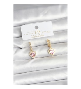 Mey İthalat® Pirinç Gold Pembe Renk Zirkon Taşlı Kalp Model Kadın Küpe