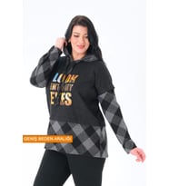 Ekoseli Oversize Kapüşonlu Büyük Beden Dokuma Sweatshirt (Antrasit)