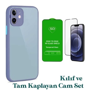 Apple iPhone 12 Uyumlu Montreal Kılıf Ve Tam Kaplayan Cam Set (Lavanta)