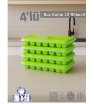 4'lü Set Buz Kalıbı 12 Bölmeli Esnek Silikon Buz Küpü BPA FREE Kare Bas Parmak Buzluk 3x3 cm Yeşil