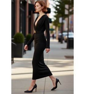Kadın Bodycon Kesim Uzun Kollu V Yaka Midi Kemerli Şık Gece Davet Elbisesi Modern Tasarım Kaliteli
