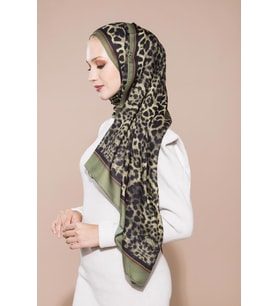Leopar Desen Pavia Seri Şal Eşarp Askısı ile Birlikte 90X200 cm Yeşil-90X200